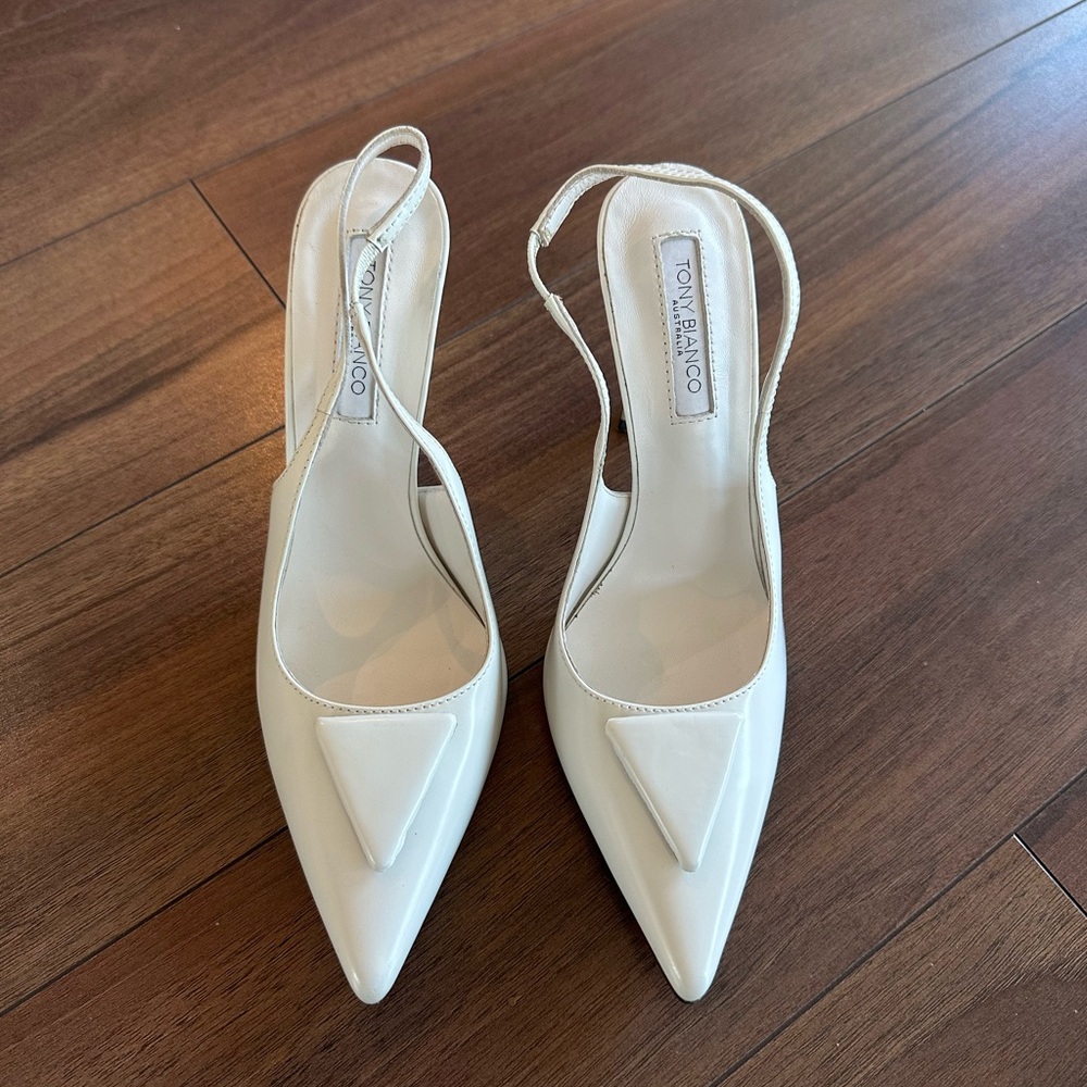 Tony Bianco White Pointed Toe Slingback Heels